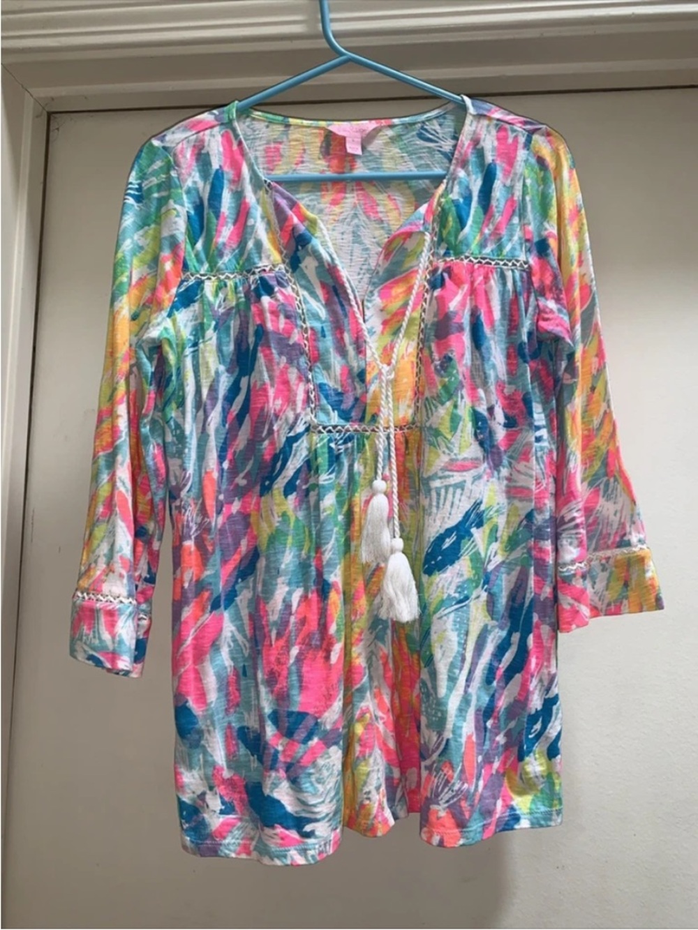 Lilly Pulitzer neon multicolor coral top white tassels small S 100% cotton RARE